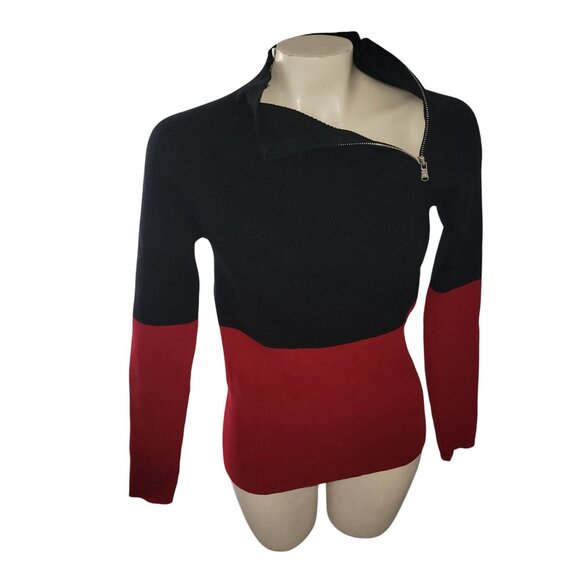 Lauren Ralph Lauren Black & Red Colorblock Quarter-Zip Sweater M Cotton Nylon Ri - Picture 1 of 6